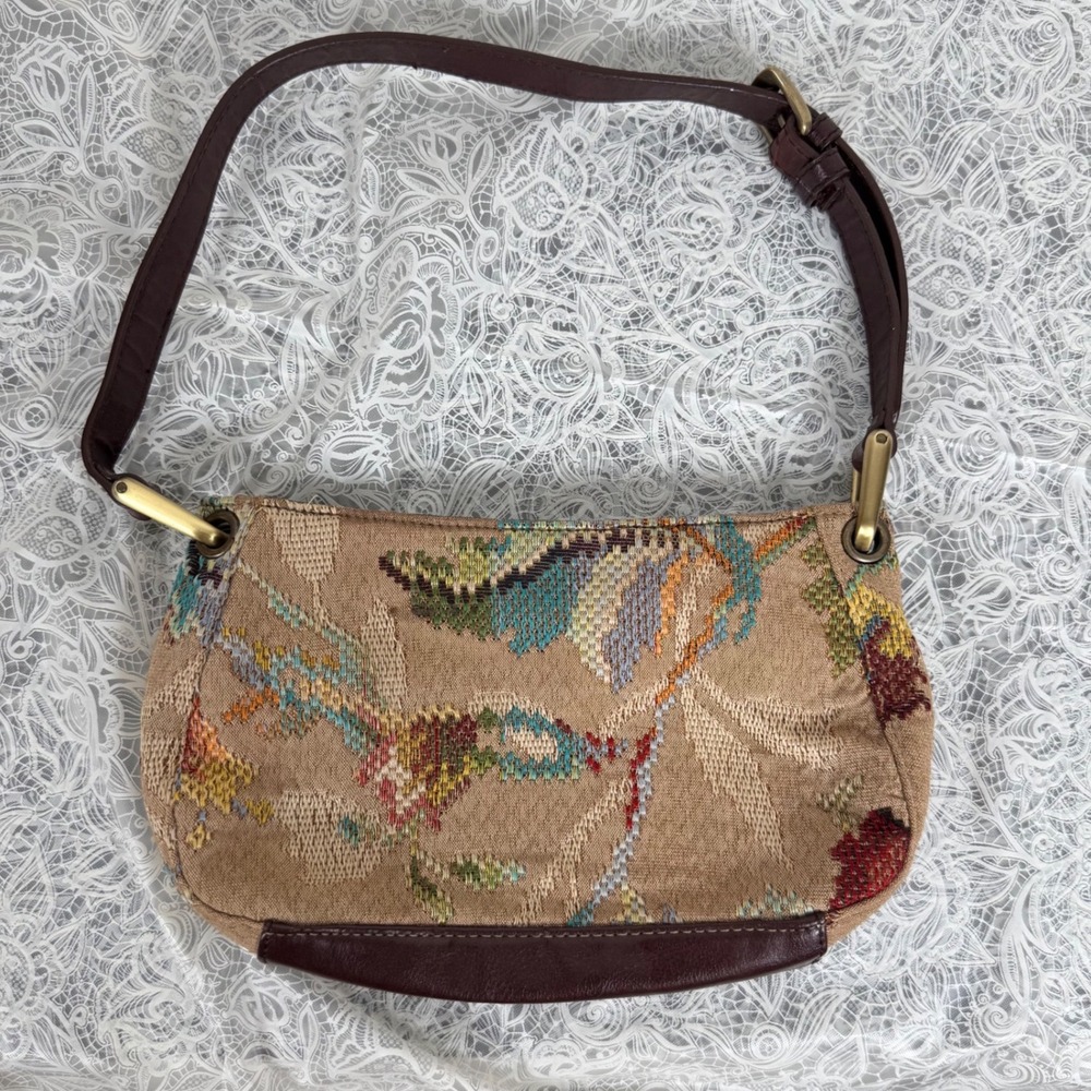 Maggib Floral Tapestry Shoulder Bag Brown Faux Croc Granny Cottage Bohemian 70s